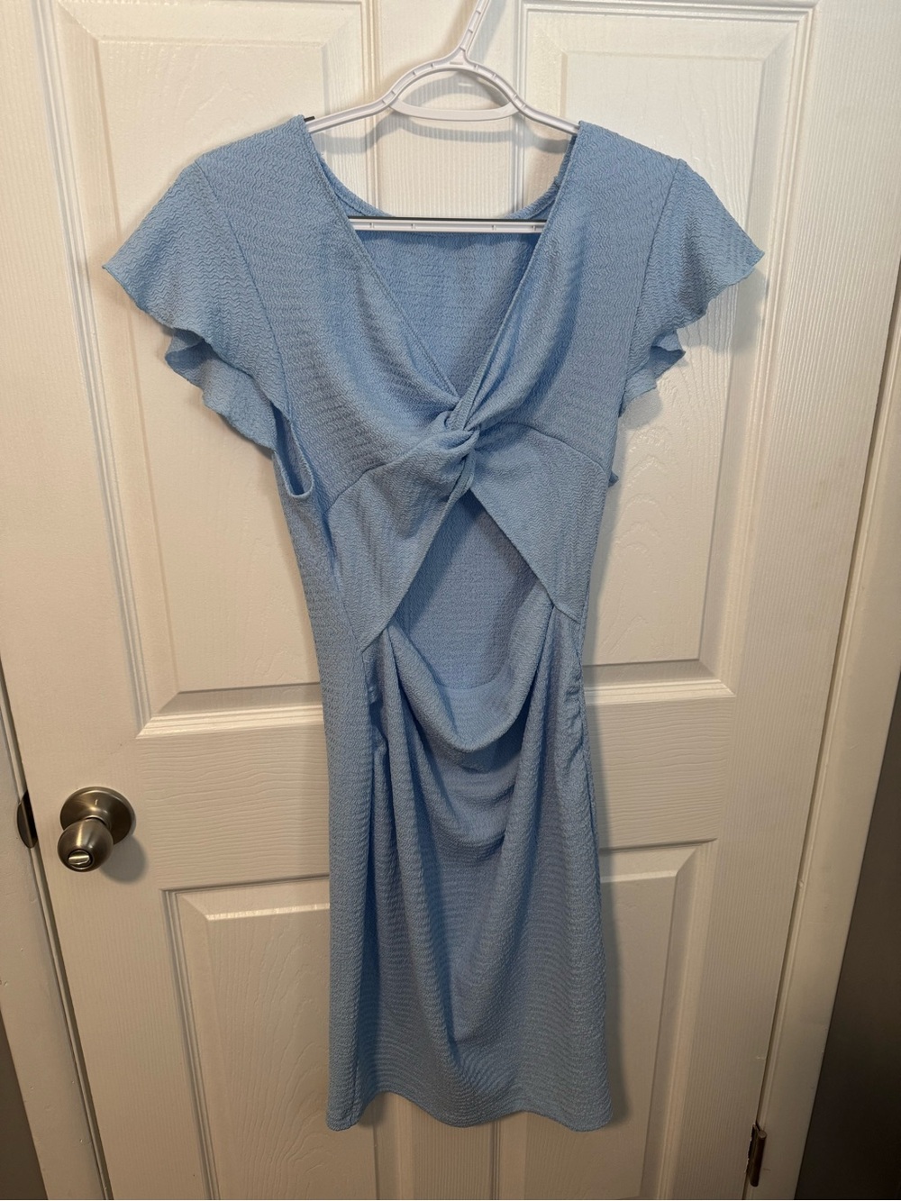 Knot-Front Light Blue Midi Dress with Flutter Sleeves